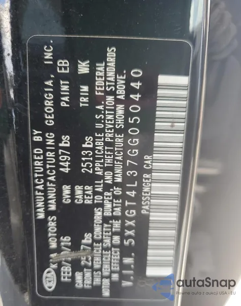 2016 Kia Optima Lx z USA, uszkodzony, nr VIN 5XXGT4L37GG050440